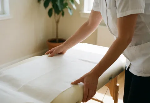 Close-up of therapist hands adjusting a beige examination table in a clean, professional clinic with natural light and a plant.