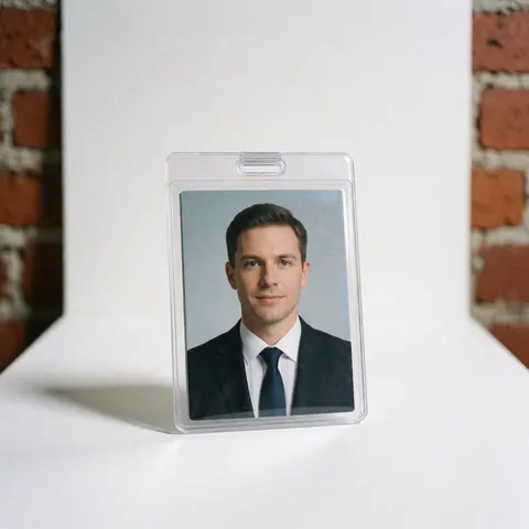 A red plastic magnetic ID badge holder with a clear window and white lanyard clip resting on a clean white surface