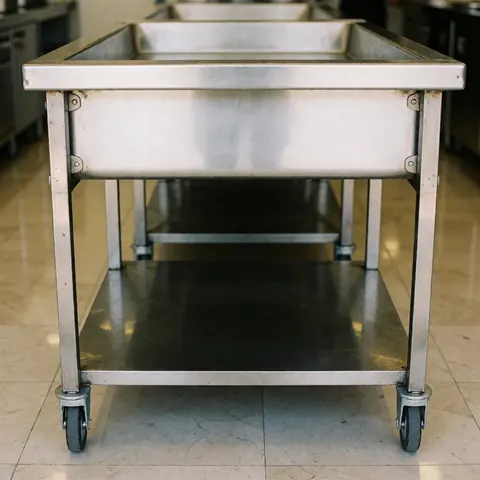Mobile paella cooking station featuring stainless steel surfaces, wheels for easy transport, and professional kitchen tools ready for commercial food preparation