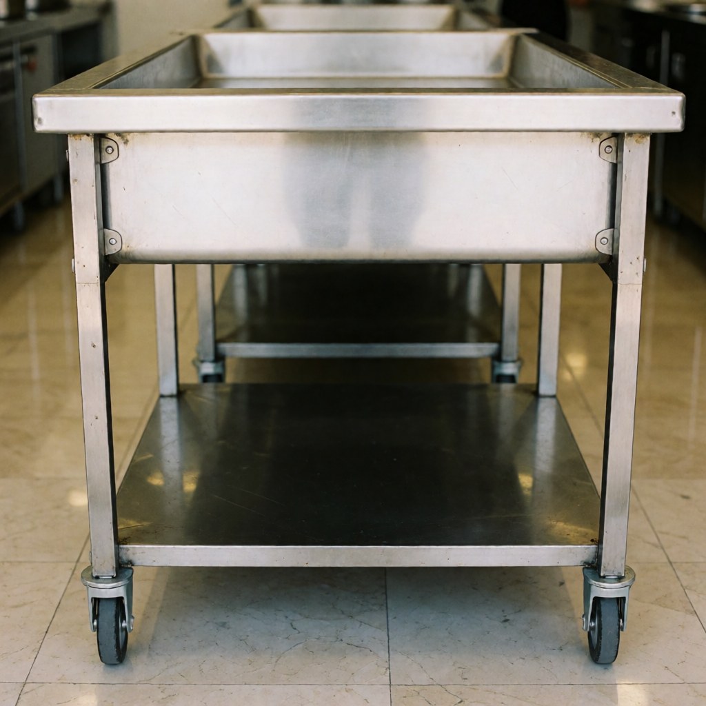 Mobile paella cooking station featuring stainless steel surfaces, wheels for easy transport, and professional kitchen tools ready for commercial food preparation