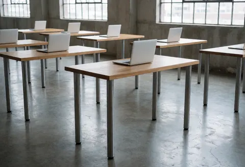 Spacious industrial interior featuring wooden desks and laptops, illuminated by natural light through windows, with concrete walls and exposed brick.