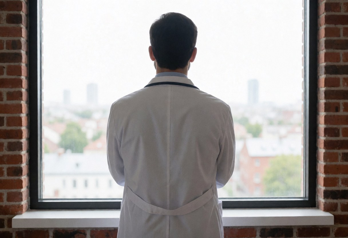 A doctor stands near a window in an office, gazing outward with a contemplative expression, capturing a moment of reflection during a busy workday.