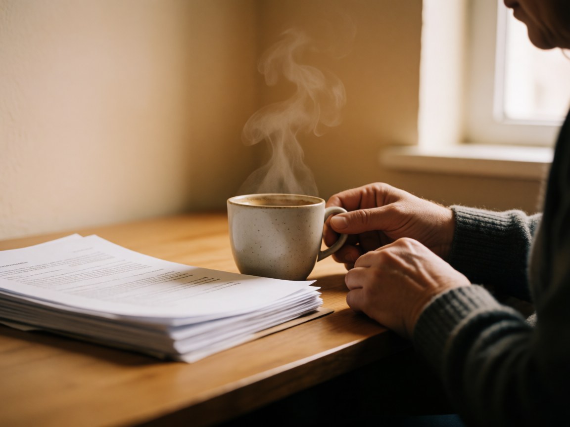 Close-up of hands holding a steaming coffee cup next to a stack of papers on a wooden desk with natural light.
