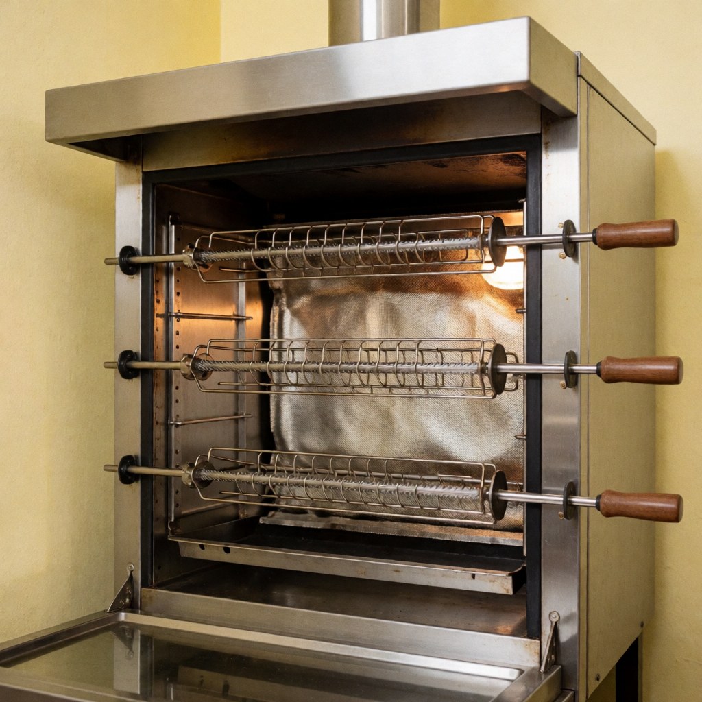 Close-up view of metal rotisserie rods inside a professional stainless steel commercial oven used for cooking meats and poultry in a restaurant kitchen