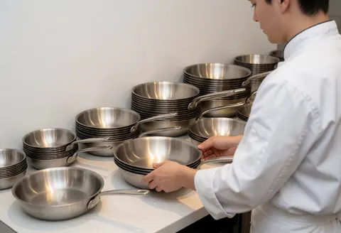 A chef organizes stainless steel pots in a clean, modern commercial kitchen, showcasing order and professional cooking tools.