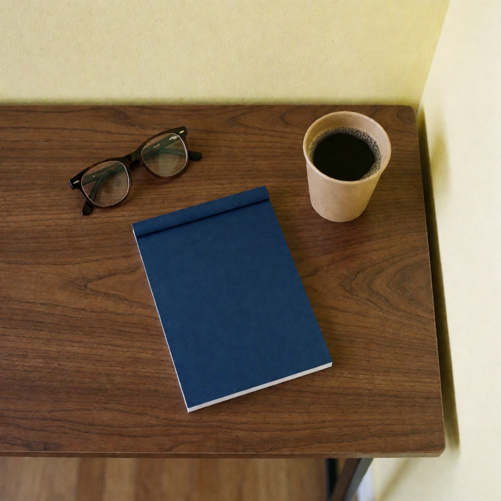 Closed blue notebook, eyeglasses, and a coffee mug arranged on a dark wooden desk with light yellow walls in a minimalist office setting.