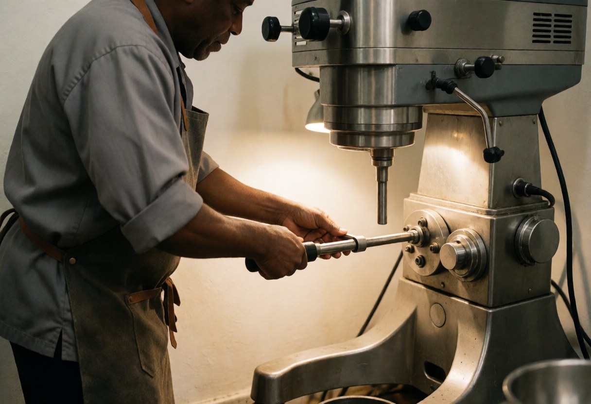 Technician in gray uniform and leather apron adjusts an industrial mixer using a torque wrench in a professional commercial kitchen with white walls and warm lighting.