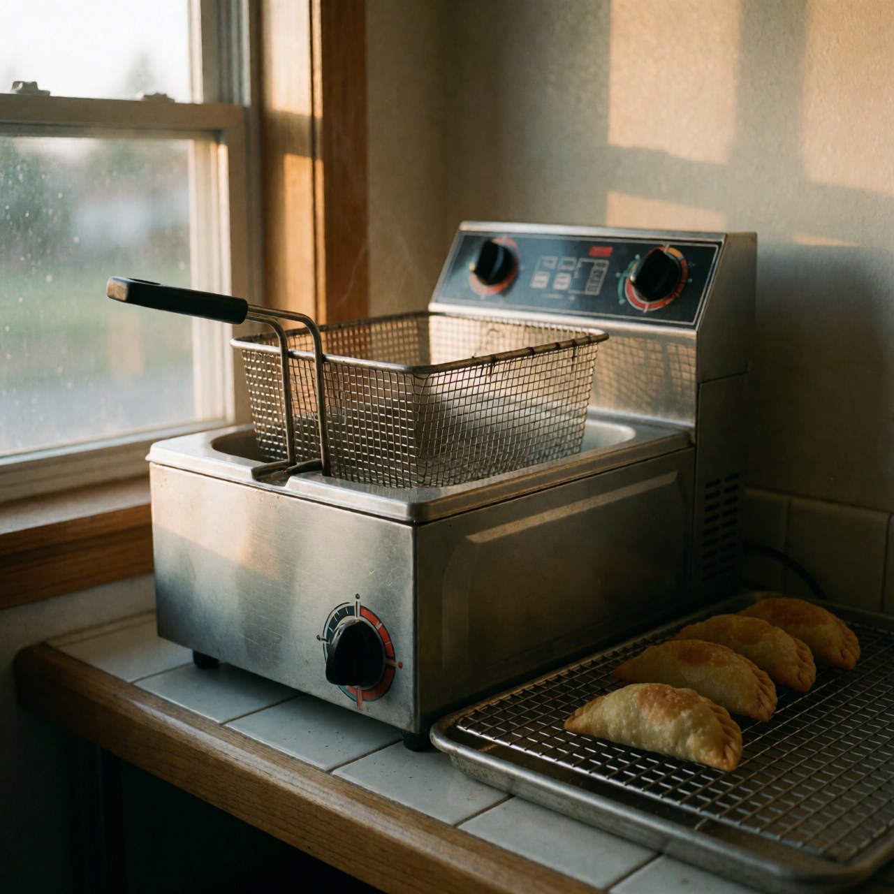 Stainless steel industrial deep fryer holding golden empanadas on a rack, illuminated by warm window light in a commercial kitchen setting
