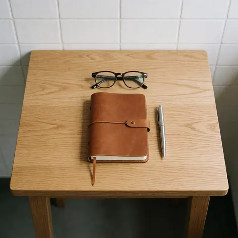 Brown leather notebook, silver pen and eyeglasses arranged on a light wood surface for business planning.
