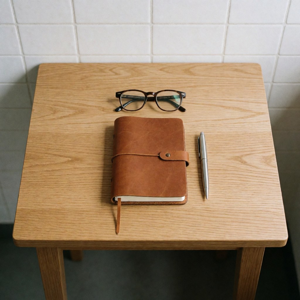 Brown leather notebook, silver pen and eyeglasses arranged on a light wood surface for business planning.