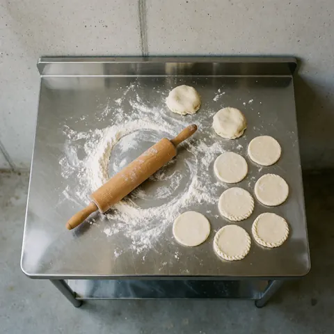 Top-down view of a stainless steel commercial kitchen work table with raw dough, rolling pin, and flour, set against concrete walls with natural daylight.