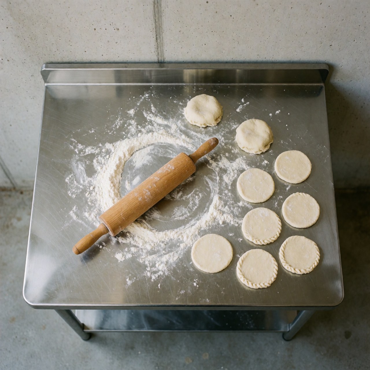Top-down view of a stainless steel commercial kitchen work table with raw dough, rolling pin, and flour, set against concrete walls with natural daylight.