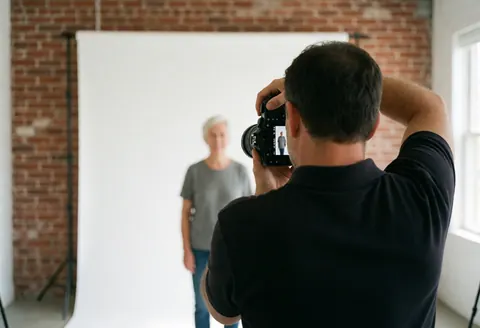 A professional photographer holding a camera and taking a corporate headshot in a studio with a white background and brick wall