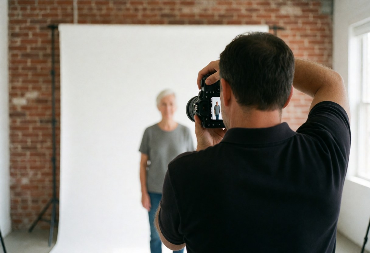A professional photographer holding a camera and taking a corporate headshot in a studio with a white background and brick wall