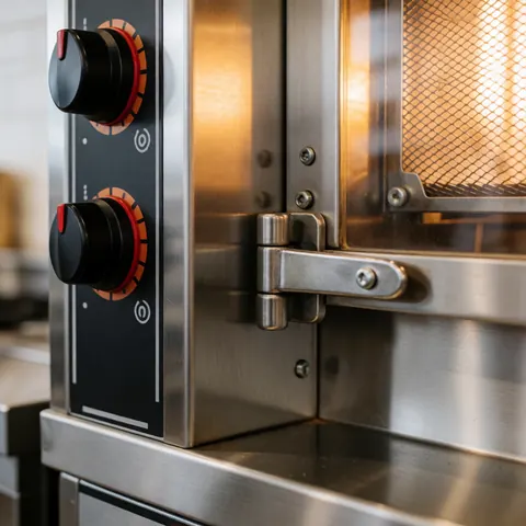 Detailed view of stainless steel hinges and temperature controls on a professional commercial rotisserie oven door in a kitchen setting