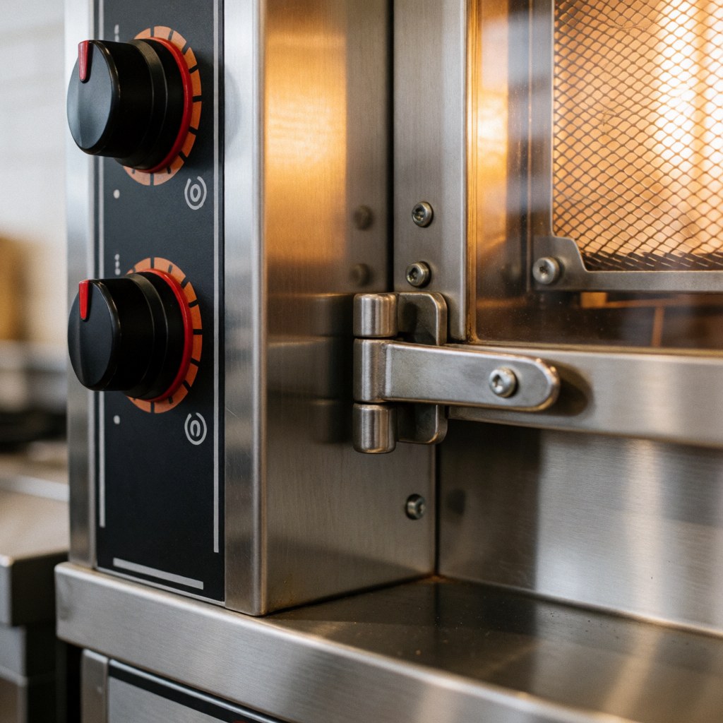 Detailed view of stainless steel hinges and temperature controls on a professional commercial rotisserie oven door in a kitchen setting