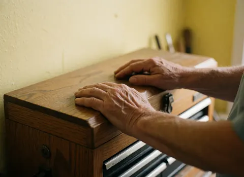 A detailed view of hands placed gently on the textured surface of a wooden chest, highlighting the warmth and craftsmanship of the materials.
