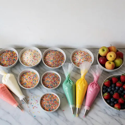 Top view of fresh fruits and baking ingredients arranged on a white marble surface, ready for preparation.