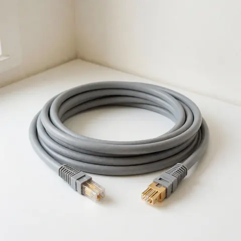 Coiled gray ethernet cable with gold connectors resting on a clean white surface with soft lighting and warm white walls for professional network installation.