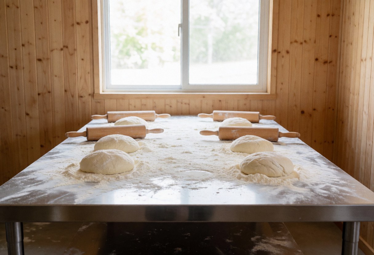 A clean stainless steel work table in a bright, empty bakery interior with natural light coming through a window, ready for text overlay.