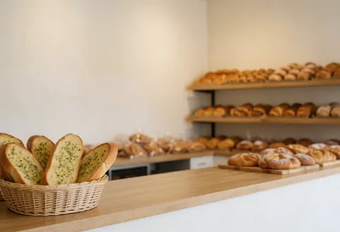 Close-up of a garlic bread basket with shelves of pastries in the background, white walls, and natural light in a clean bakery.