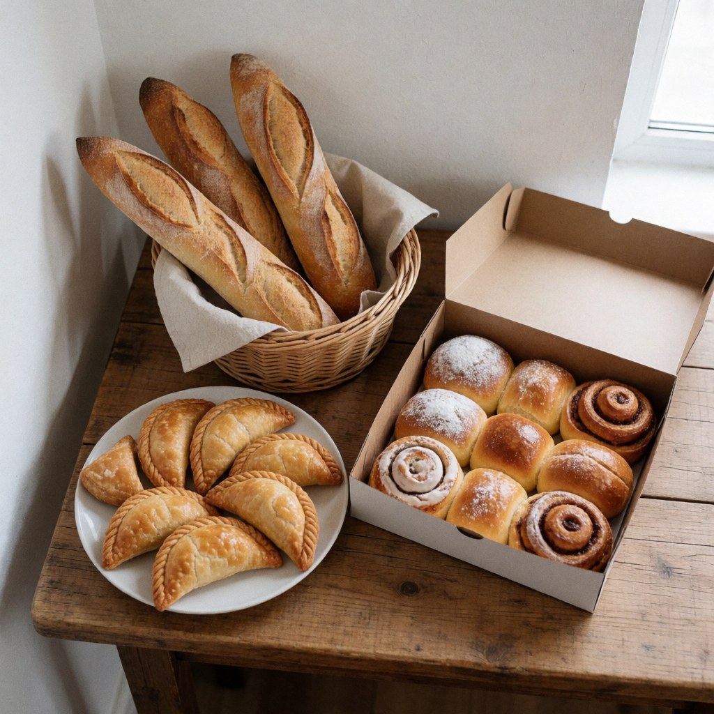 Fresh baguettes and empanadas arranged in boxes on a wooden table with natural light for bakery business