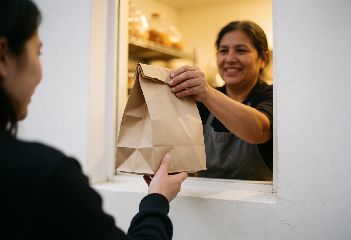 A smiling bakery owner hands a food bag to a customer through a window with warm lighting and a white wall.