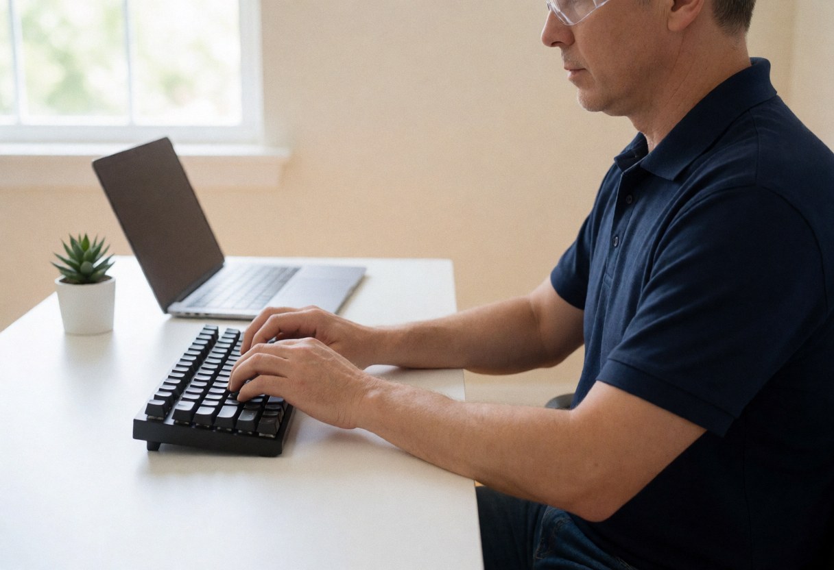 Adult man wearing safety glasses types on a black mechanical keyboard at a white desk with a laptop and succulent plant in a bright modern office.