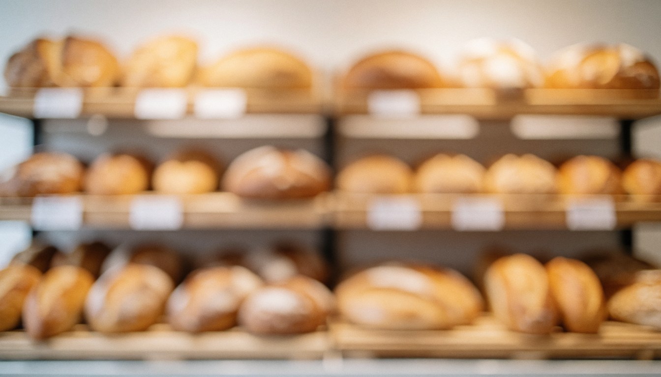 A softly blurred background of bakery shelves filled with various types of fresh bread, featuring warm lighting and an inviting atmosphere suitable for business websites.