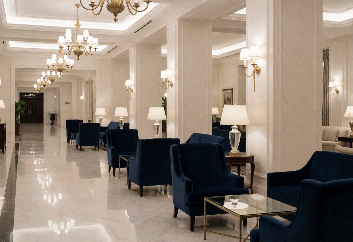 Elegant empty hotel lobby featuring white marble floors, blue armchairs, golden chandeliers, and white walls, suitable for corporate headshots.