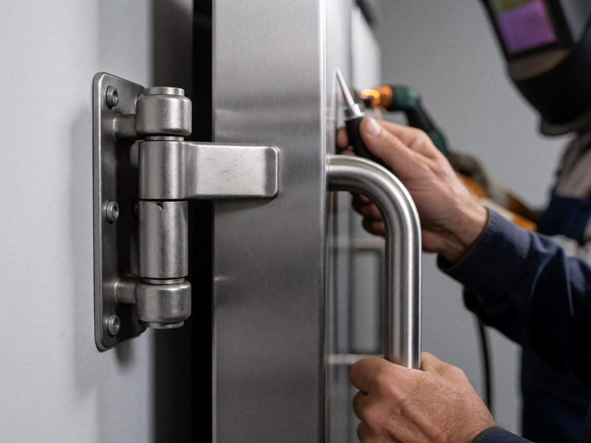 A welder works on a stainless steel industrial kitchen door with visible tools and protective equipment.