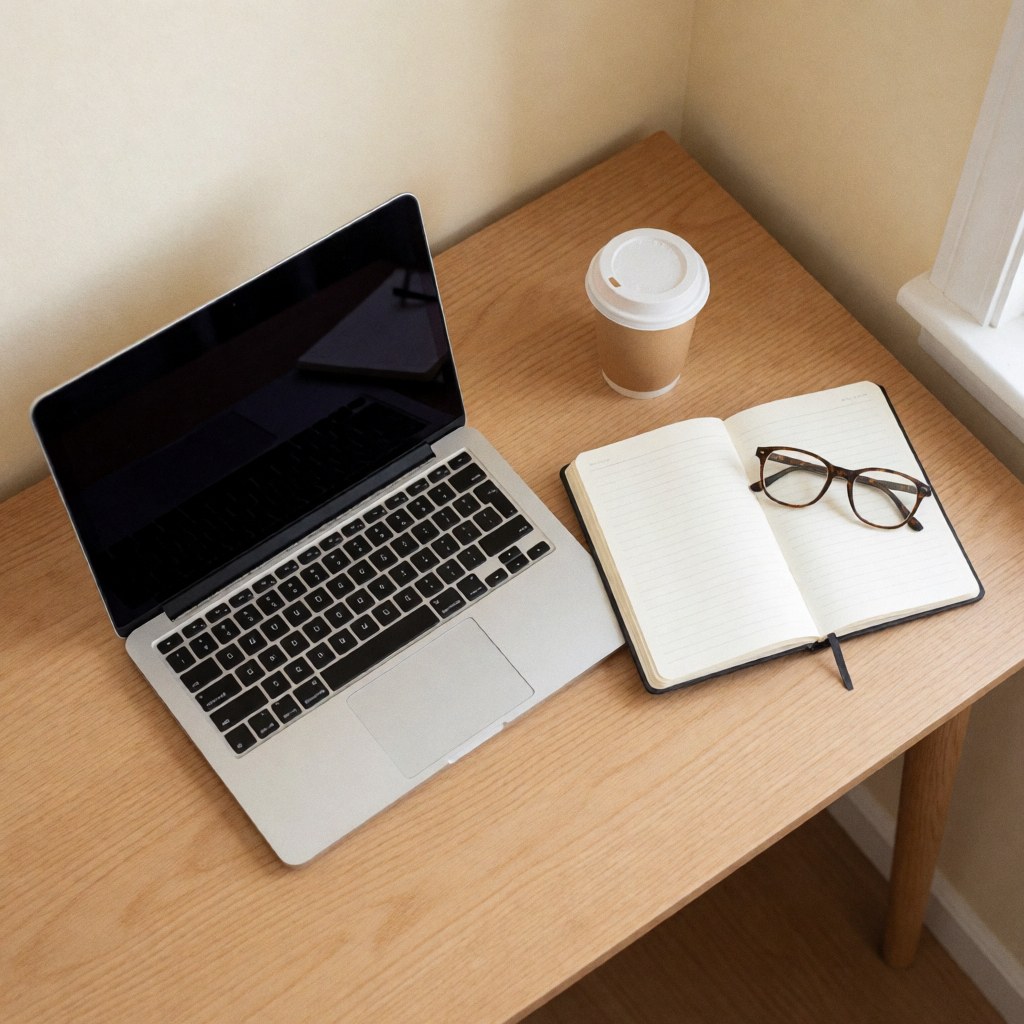 A tidy home office desk featuring a laptop, notebook, and coffee cup on a wooden surface with natural light
