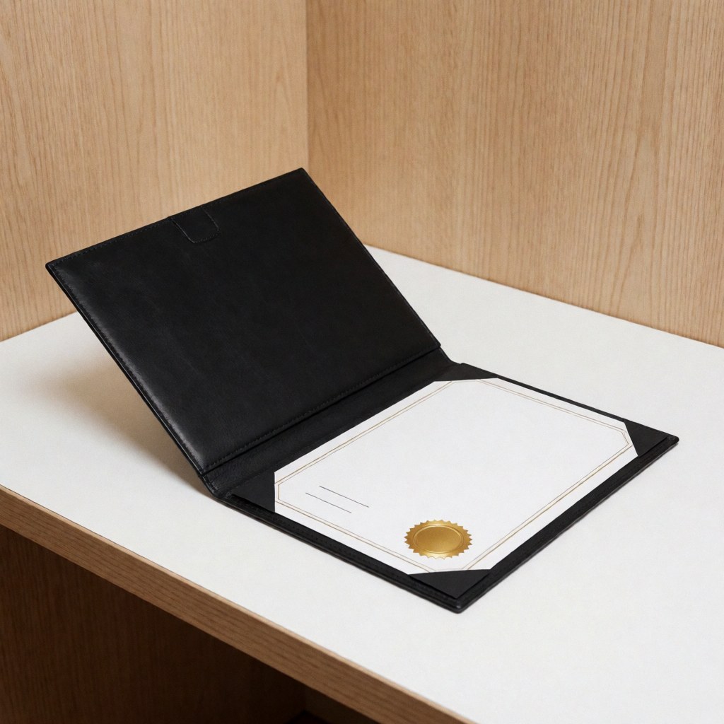 Black professional portfolio with a gold seal resting on a white desk against a wood wall in a modern office setting