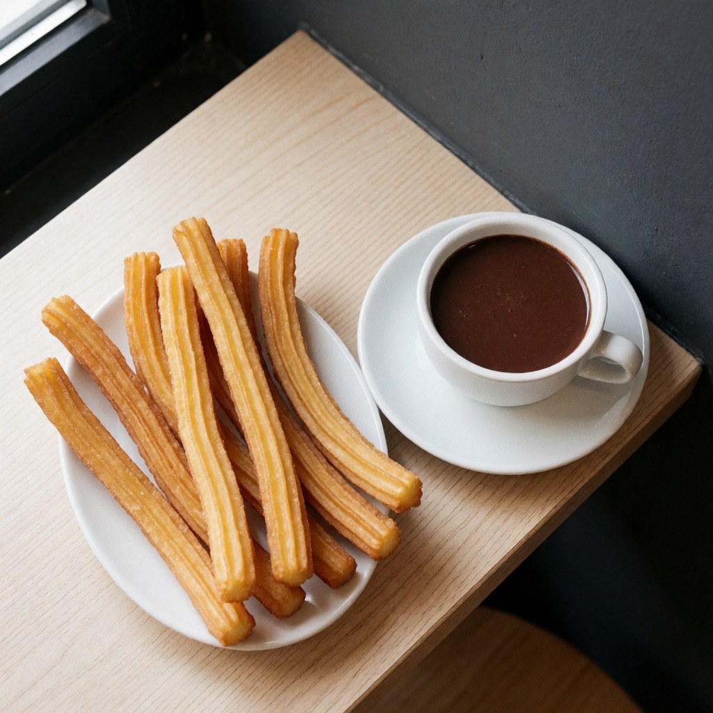 Plate of golden churros and cup of hot chocolate on light wood table against gray wall with natural lighting