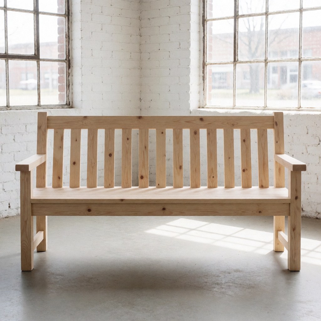 A light wood workbench with visible knots sits in a workshop featuring white brick walls and large windows that let in natural light.