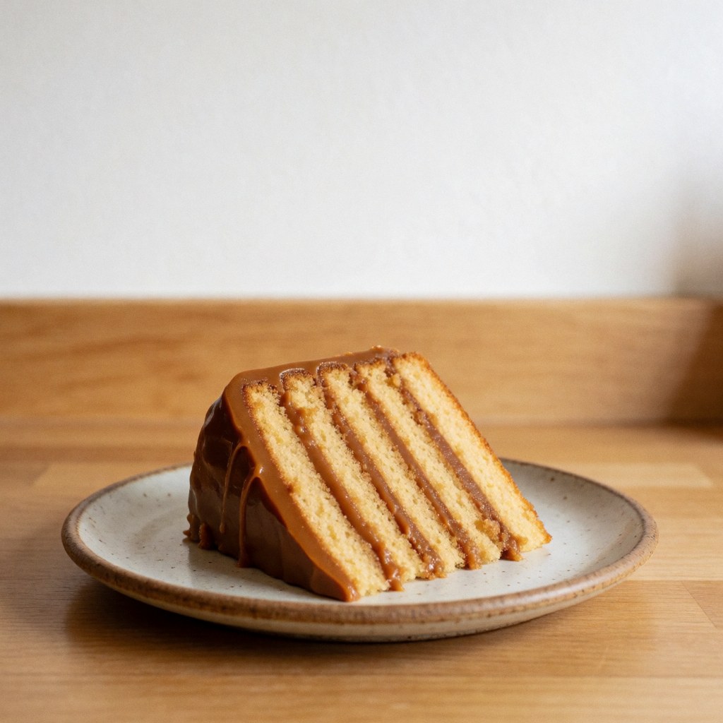A close-up slice of moist dulce de leche cake served on a white ceramic plate placed on a wooden table, highlighting its sweet texture and rich caramel flavor.