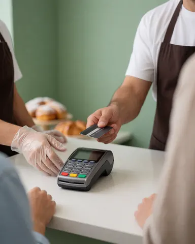 Close-up of hands completing a card payment transaction at a clean, modern bakery counter with a green wall background