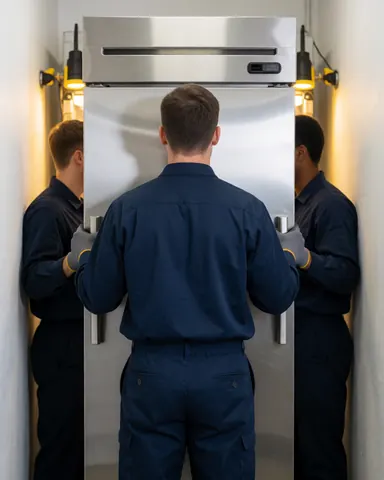 Two technicians in blue uniforms install a stainless steel commercial refrigerator in a narrow hallway with visible gloves and tools.