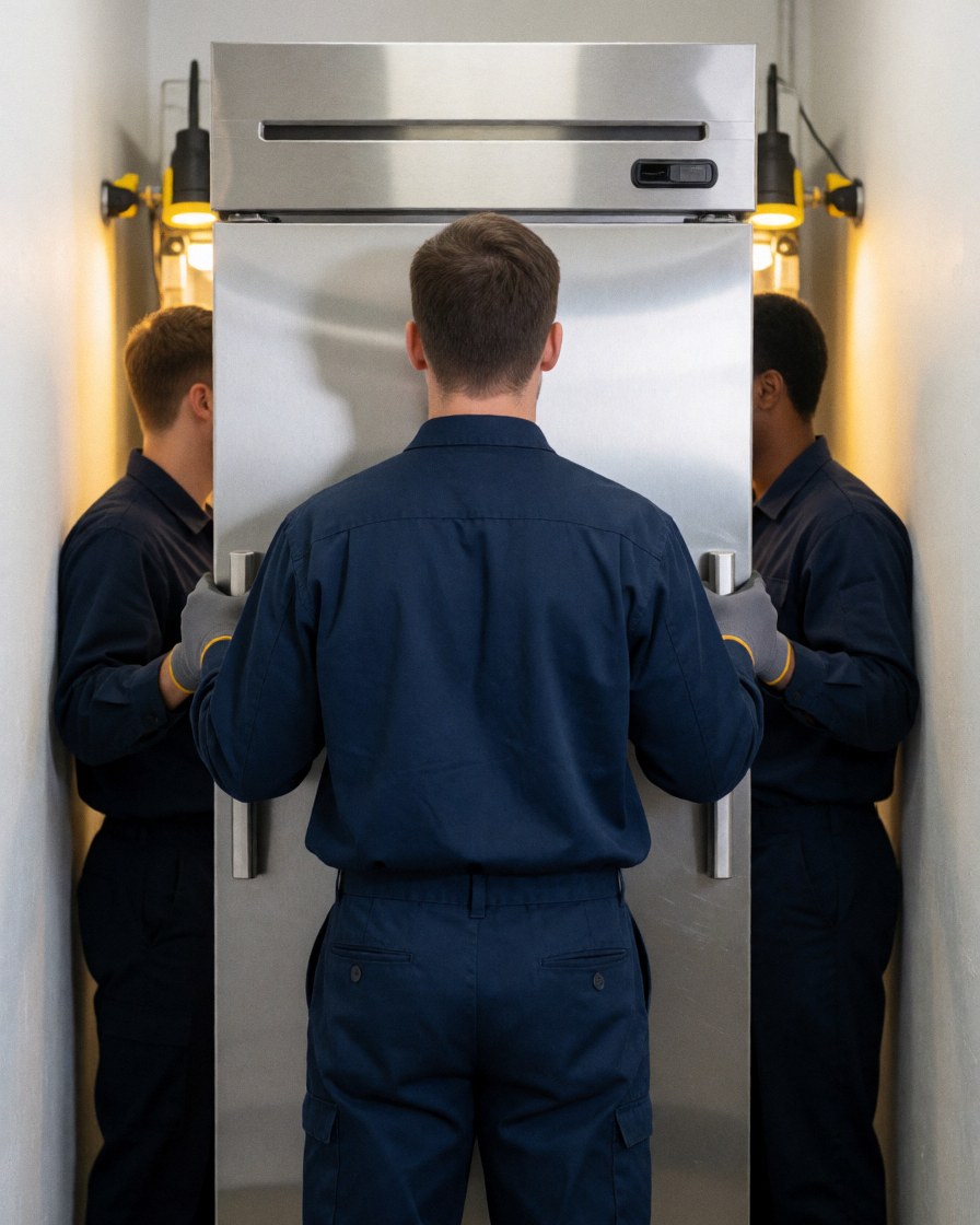 Two technicians in blue uniforms install a stainless steel commercial refrigerator in a narrow hallway with visible gloves and tools.