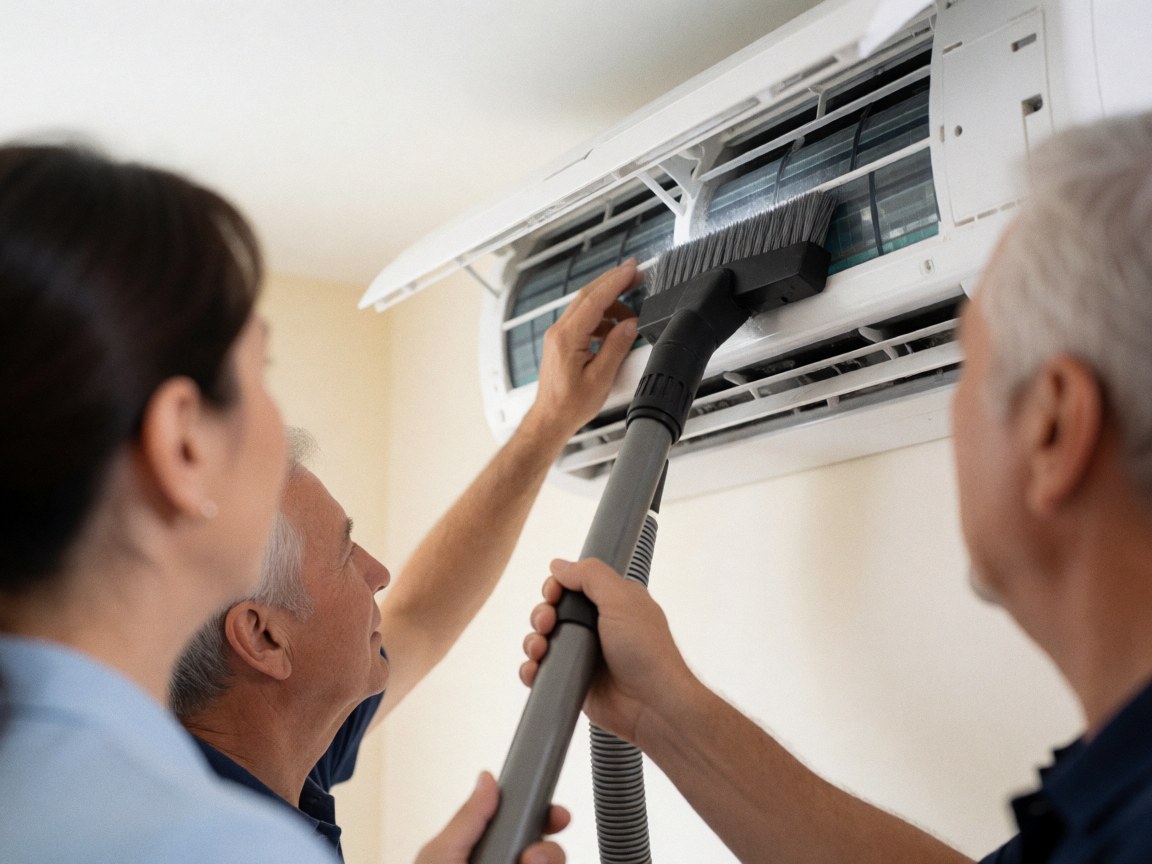 Three professionals working together to clean an air conditioning unit using a vacuum cleaner, focusing on the filters and grille in a clean office environment.