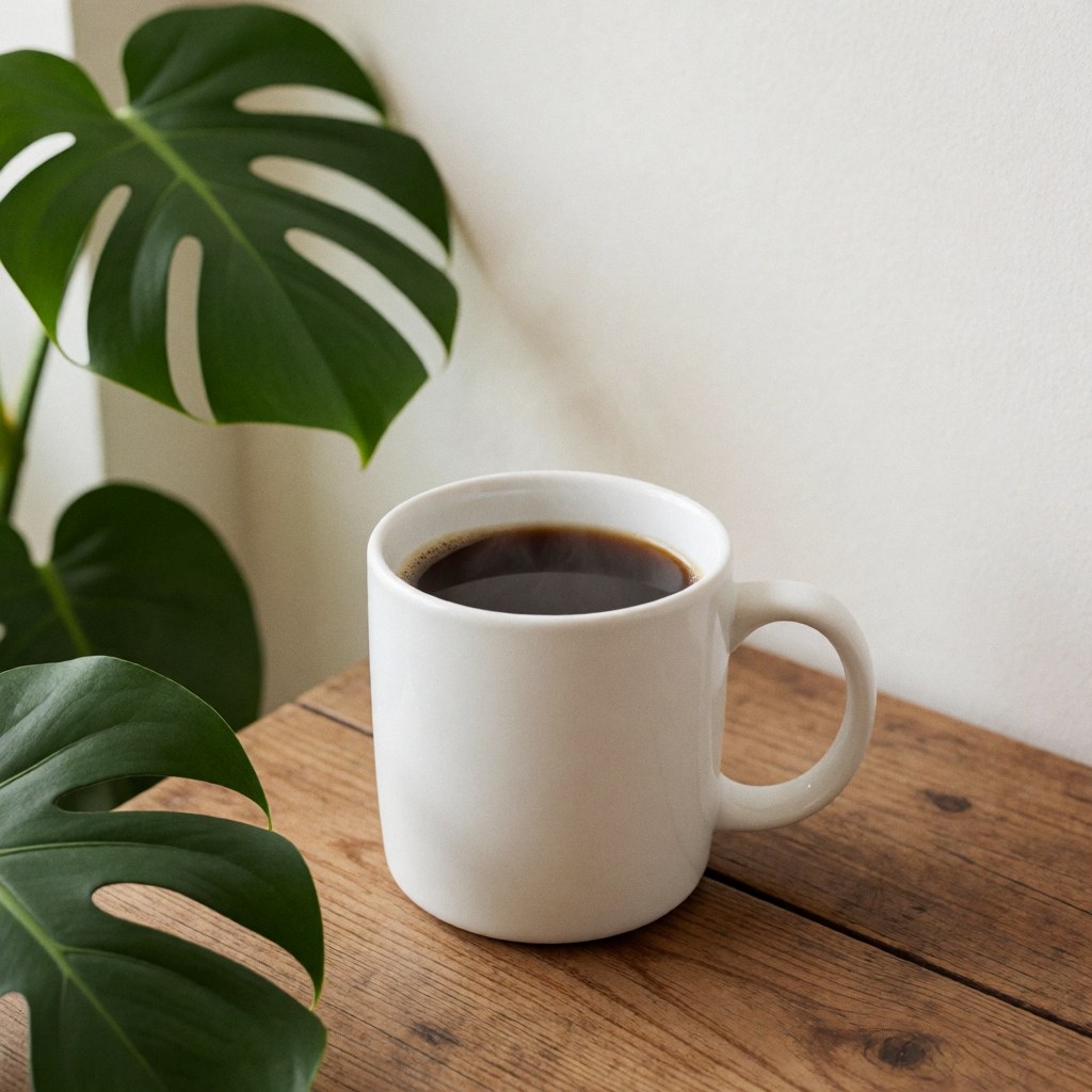A white ceramic mug filled with fresh black Colombian coffee sits on a wooden table surrounded by green monstera leaves