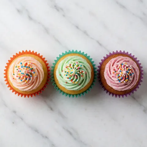 Three colorful cupcakes with pink, green, and purple frosting and sprinkles on a white marble surface, perfect for bakery entrepreneurs.