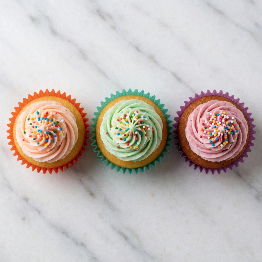 Three colorful cupcakes with pink, green, and purple frosting and sprinkles on a white marble surface, perfect for bakery entrepreneurs.
