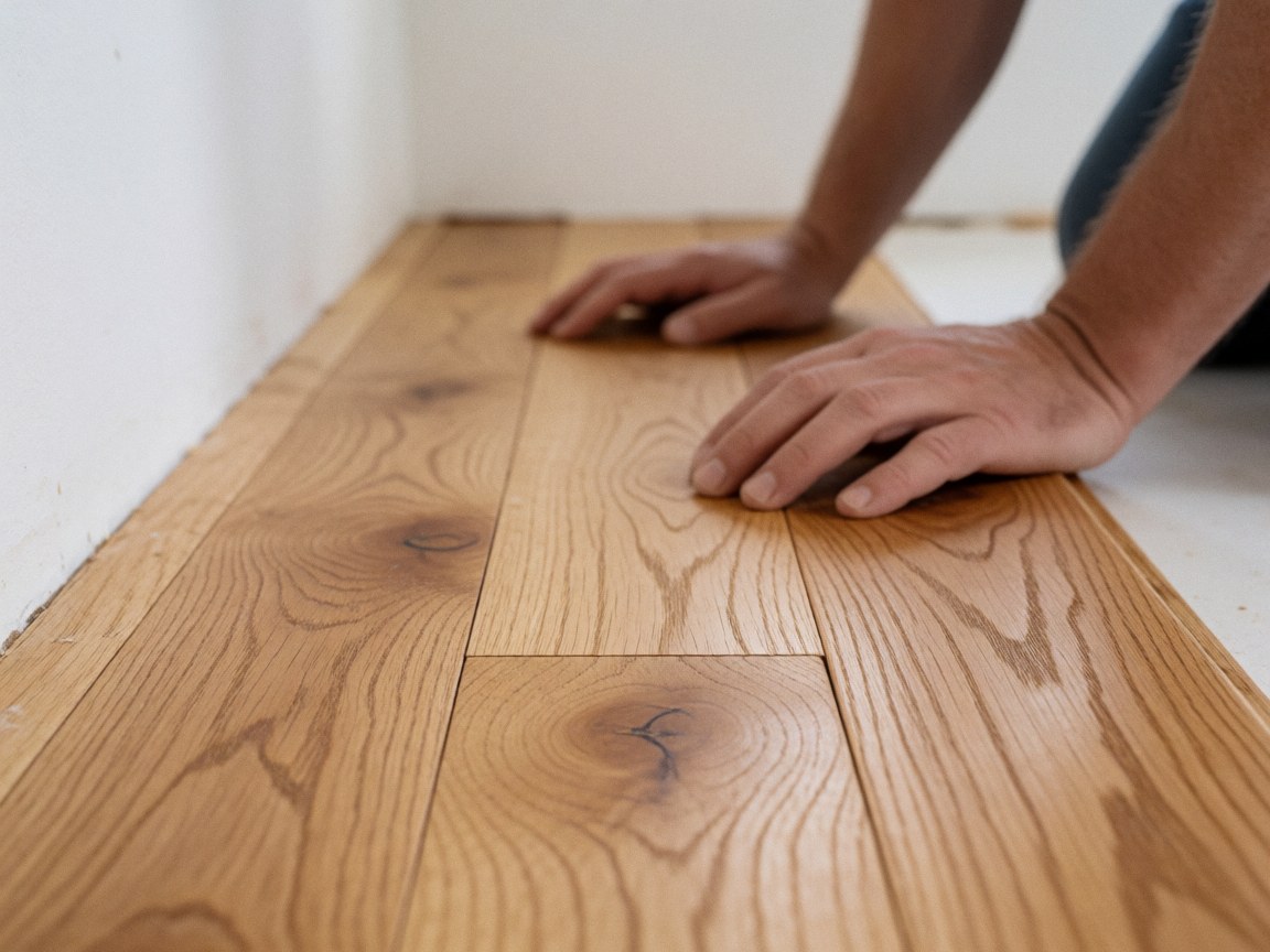 Close-up of hands carefully placing wooden floorboards, highlighting natural grain texture and knots against a white wall with soft lighting.