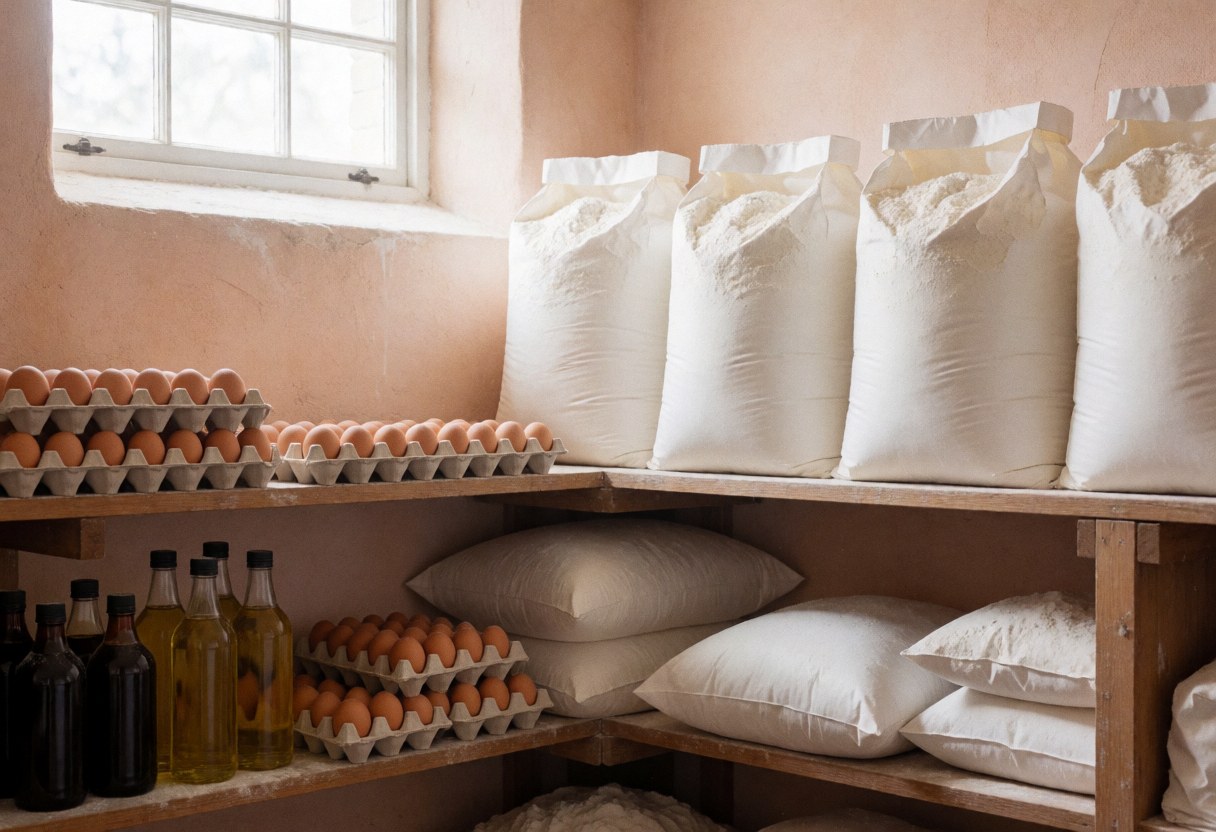 Bakery storage area featuring flour sacks, egg cartons, and oil bottles near a window with natural light and terracotta walls