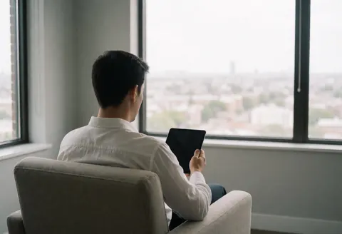 A consultant in a closet with a tablet, looking at a city view, natural light, serene atmosphere, ideal for business and strategy.