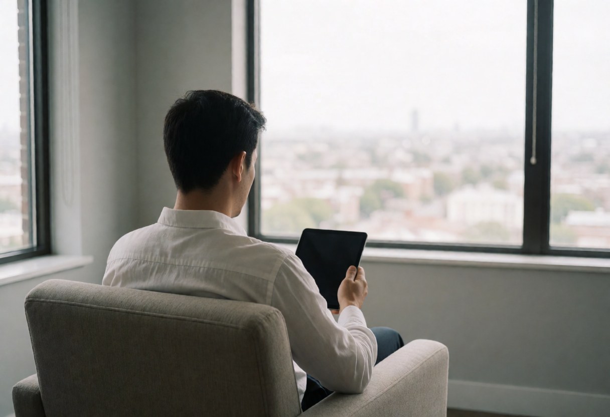 A consultant in a closet with a tablet, looking at a city view, natural light, serene atmosphere, ideal for business and strategy.