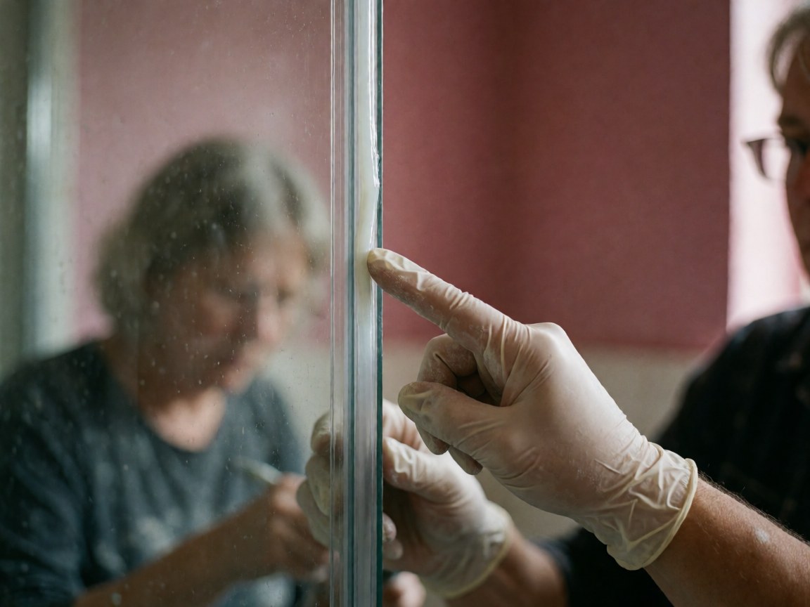 A detailed close-up view of a hand wearing a protective glove carefully applying silicone sealant to the edge of a glass door frame.