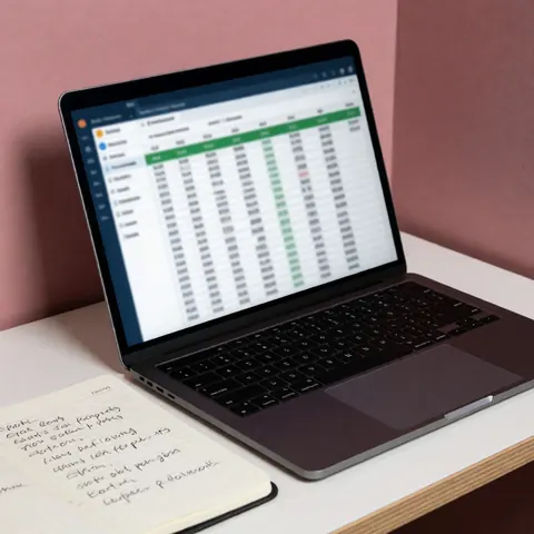 A laptop and a notebook with grid paper are placed on a clean desk against a soft pink background, illustrating remote work and productivity.