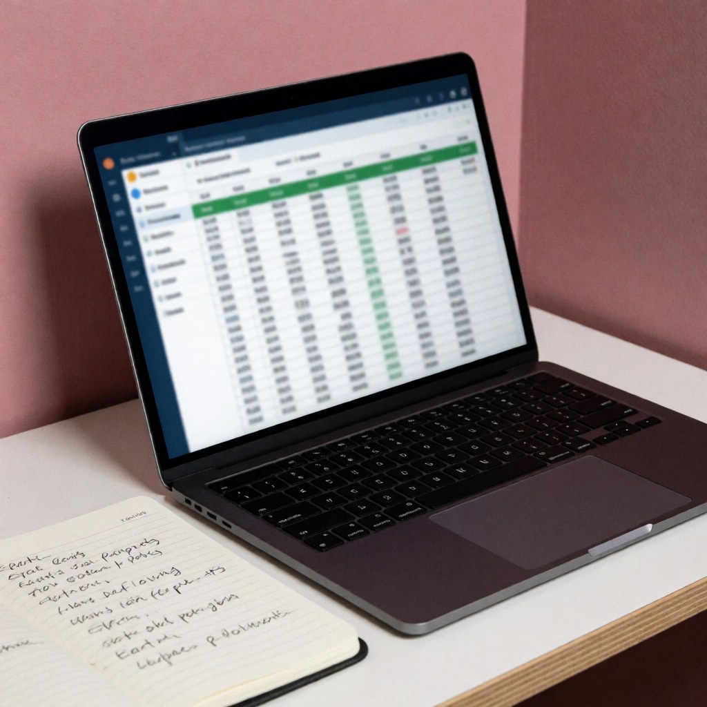 A laptop and a notebook with grid paper are placed on a clean desk against a soft pink background, illustrating remote work and productivity.